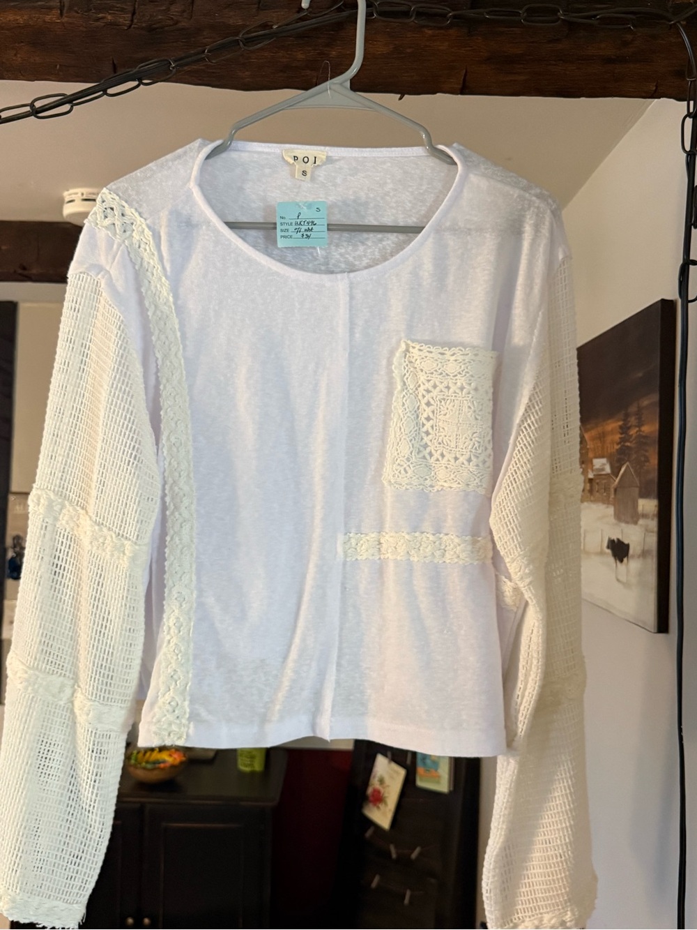 POL White Crochet Pocket Long Sleeve Tee